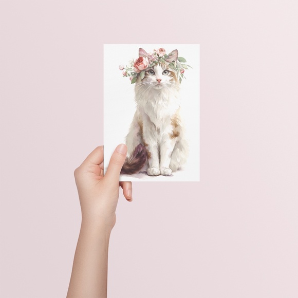 Watercolor Ragdoll Cat with Flower Crown Wall Art Print Unframed - Picture 5 of 7